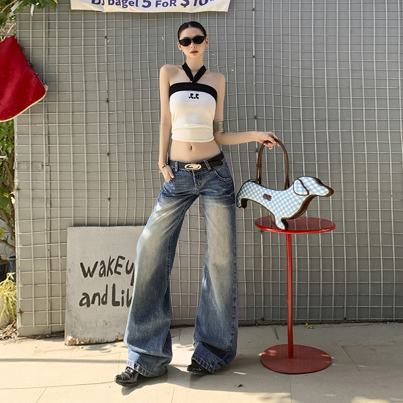25Th Ootd!｜Retro Washed Blue Jeans Spring and Summer American High Street Low Waist Loose Straight Floor Mopping Pants