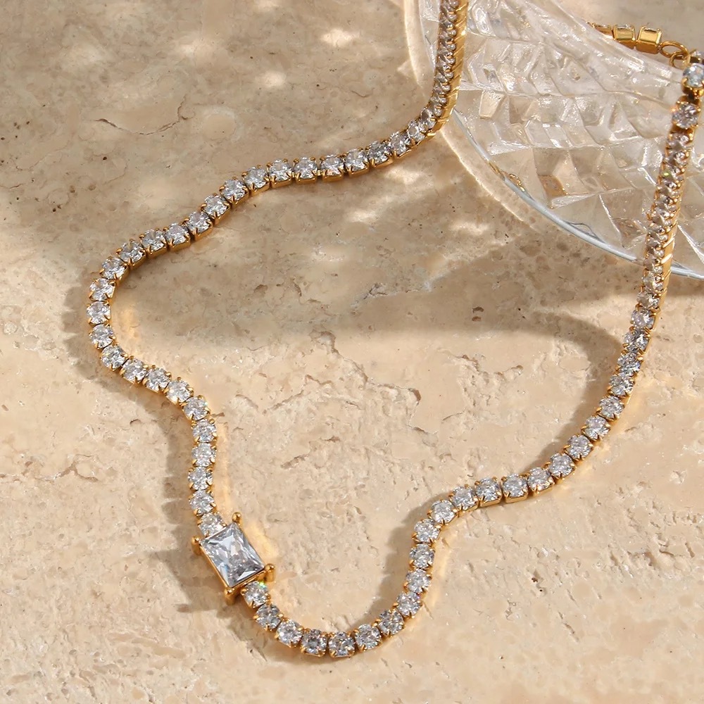 Dazan Light Luxury Super Shiny European and American Style Jewelry 18K Real Gold Electroplated Square Zircon Tennis Chain Bracelet Necklace Set
