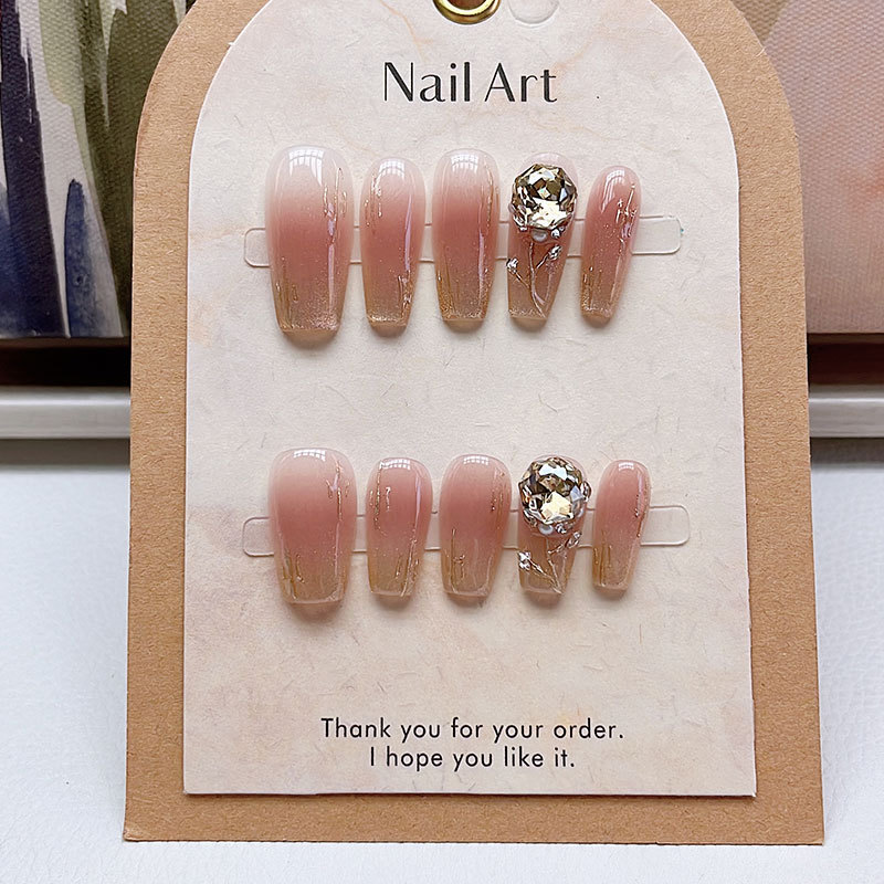 Champagne Rose Handmade Wearable Nails, Sparkling Manicure, Champagne Diamonds, Removable Phototherapy Nails, Finished Nails