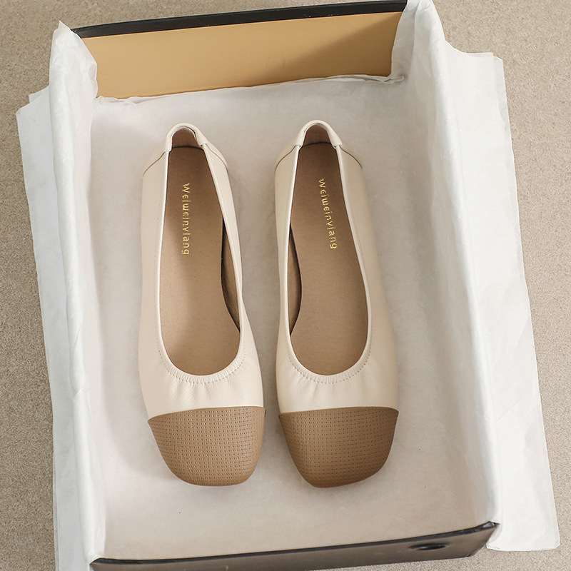 Square-toe Single-layer Shoes Women's Flat 2023 New Spring and Autumn Chanel Style Color Matching Pedal Shallow Mouth All-match Soft-soled Pea Shoes