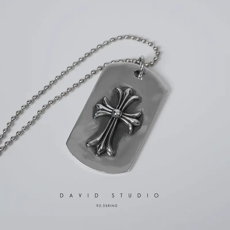david 925纯银十字架军牌 情侣款网红同款潮流做旧复古银牌 项链