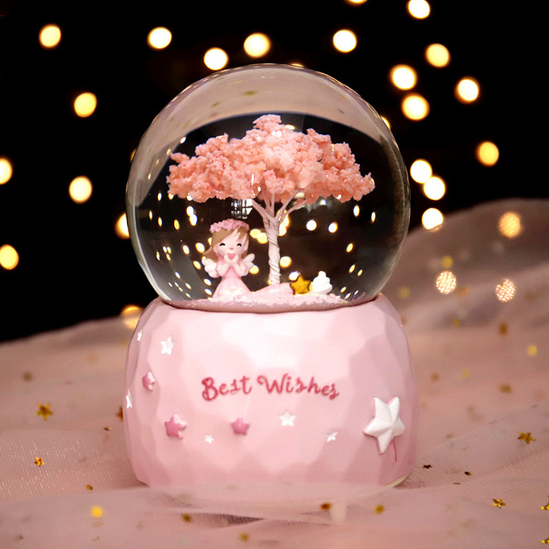 Cherry Blossom Girl Crystal Ball Pink Gift for Girls Snowflake Music Box Colorful Lighting Ornaments Christmas Gift