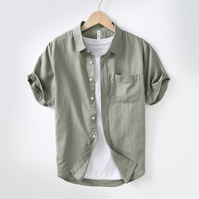 L990 Artistic Simple Cotton and Linen Square Collar Shirt Men's Fresh Solid Color Casual Short Sleeve Shirt Men's One Piece Hair