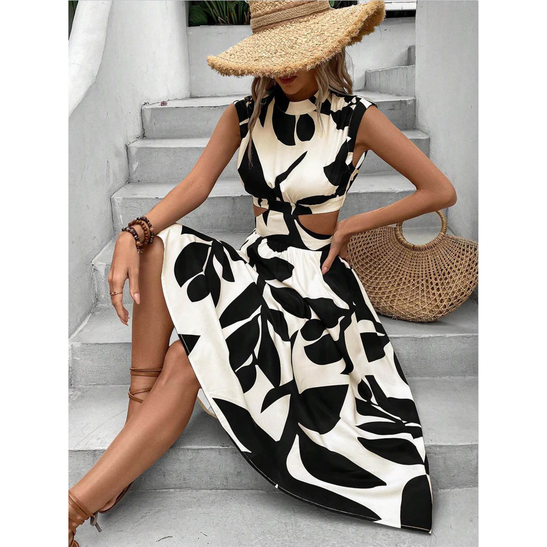 2025 Summer Amazon European and American Cross-Border Round Neck Short Sleeve High Waist Plant Flower Print Long Skirt Women's Dress