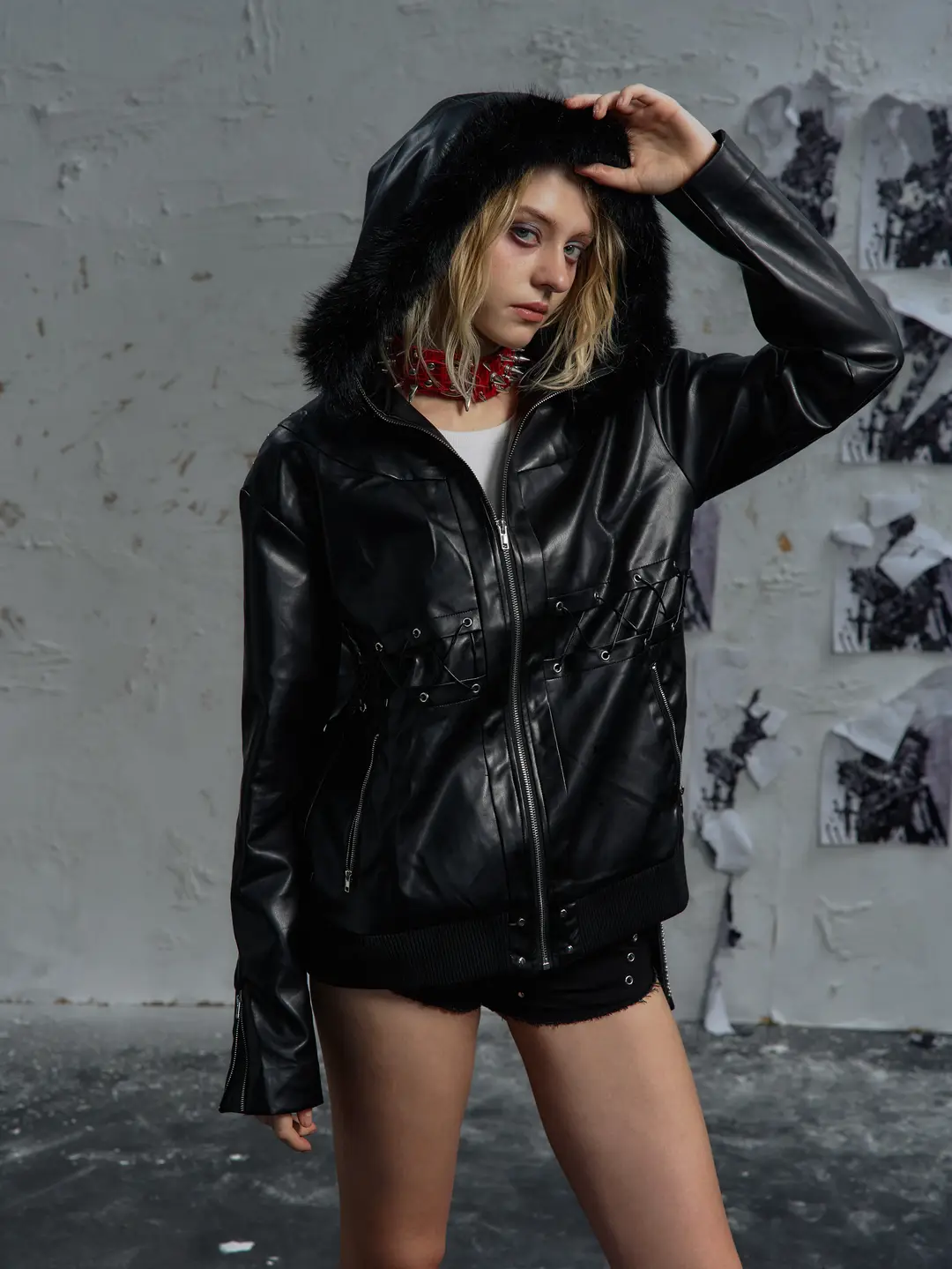 Paiki'Song of Weaving' Cross-Tied Leather Jacket with Fur Collar, Hooded Slim-Fit Sweatshirt, Visual Style Jacket for Men and Women