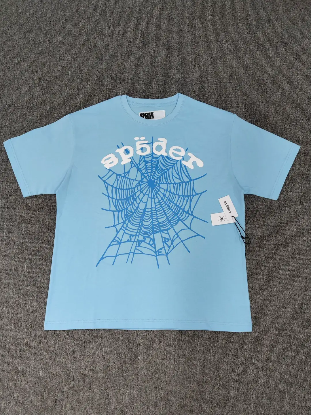 Cross-Border High-Quality Spider Web Pure Cotton T-Shirt Tee Casual Top Printed American Trendy Brand Sp5Der Short-Sleeved Ready Stock