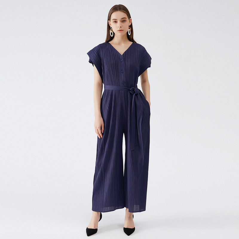 Miyake 2026 Summer New V-Neck Jumpsuit High-Waisted Wide-Leg Tie Loose Slimming Casual Long Pants for Women Straight-Leg