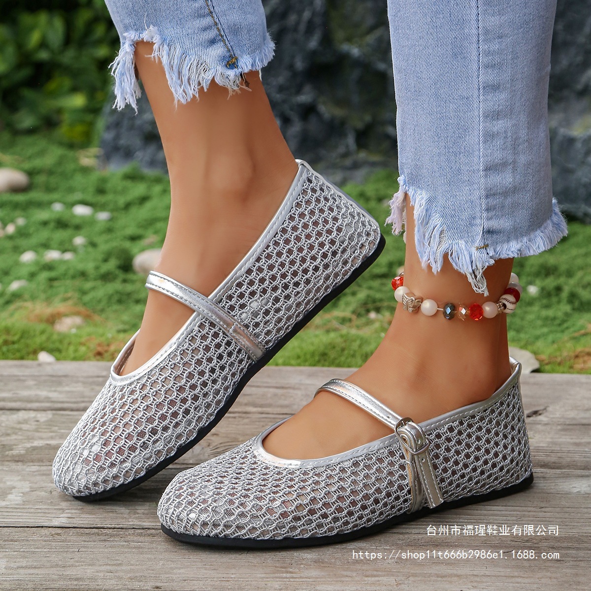 Cross-Border New Large-Size Fishnet Hollow-Out Ballet Shoes for Women 2026 Summer New Flat Buckle Breathable Single Shoes
