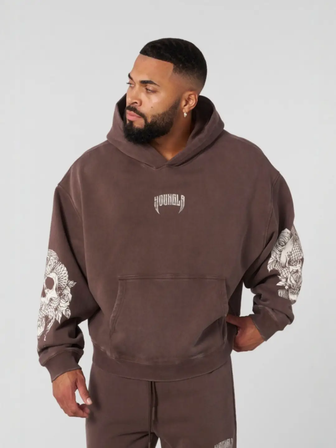 Youngla New Men's Hooded Pullover with Printed Sleeves, Loose Sweatshirt, Gym Running Training Clothes, Sportswear