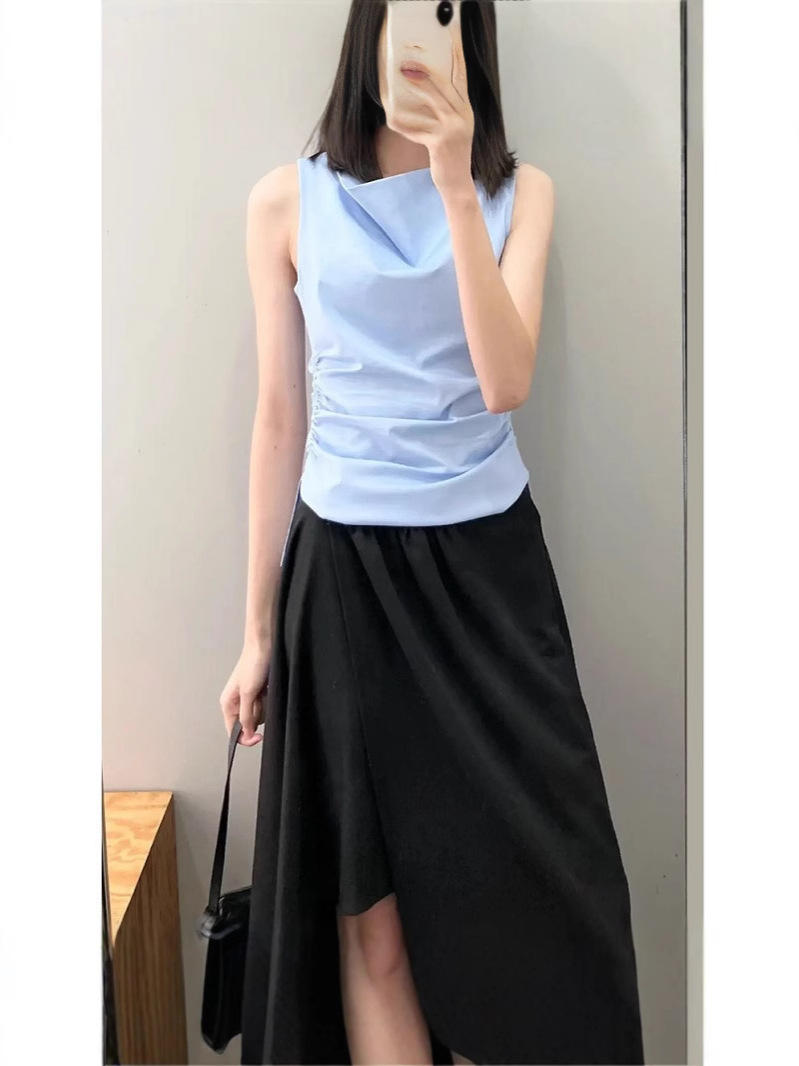 Cos Style 2026 Spring New One-Shoulder Draped Collar Sleeveless Knit Solid Color Elastic Commuter Waist-Cinching Tummy-Covering Vest