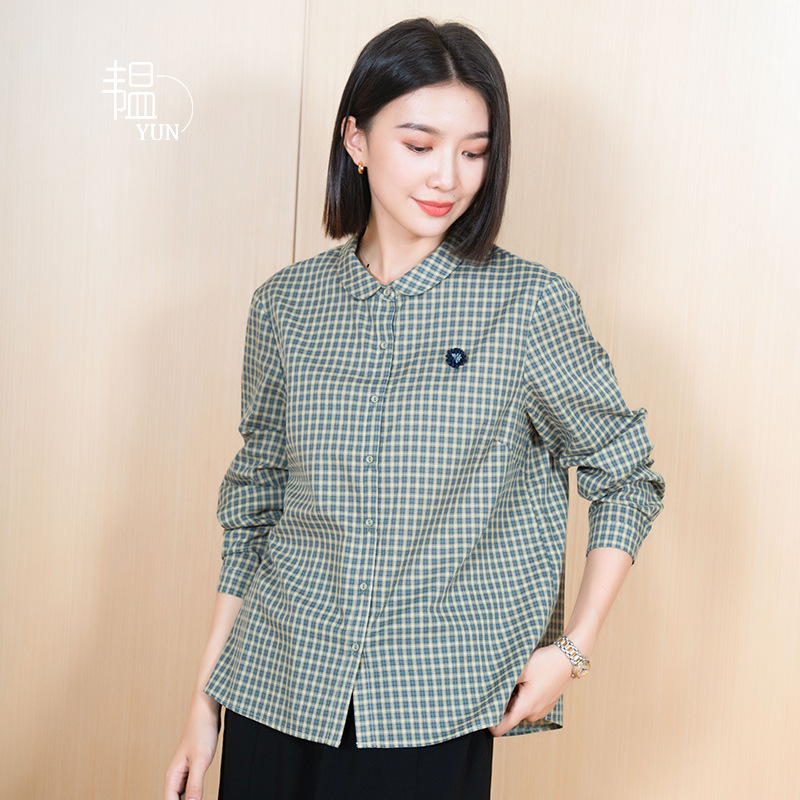 Strictly Selected YUN Yun Autumn Pure Cotton Shirt Temperament Plaid Design Casual Top Lapel Shirt Women's Commuter Shirt