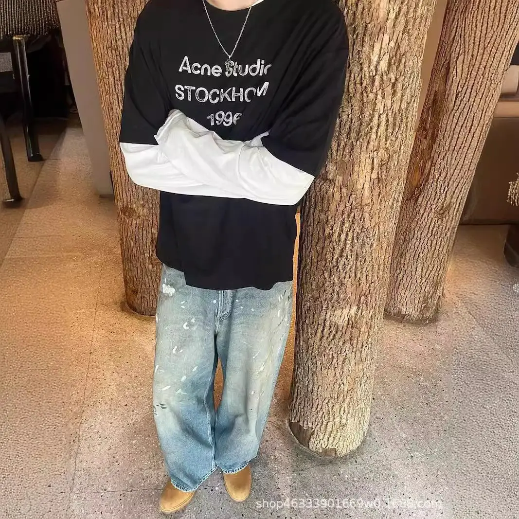 AC风格 24SS baggy手工泼墨做旧廓形牛仔裤休闲宽松直筒长裤潮裤