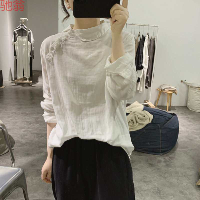 W9Q Mall Clearance Sale Women's Half-High Collar Cotton and Linen Base Top Loose Japanese Style Long-Sleeve Sweatshirt