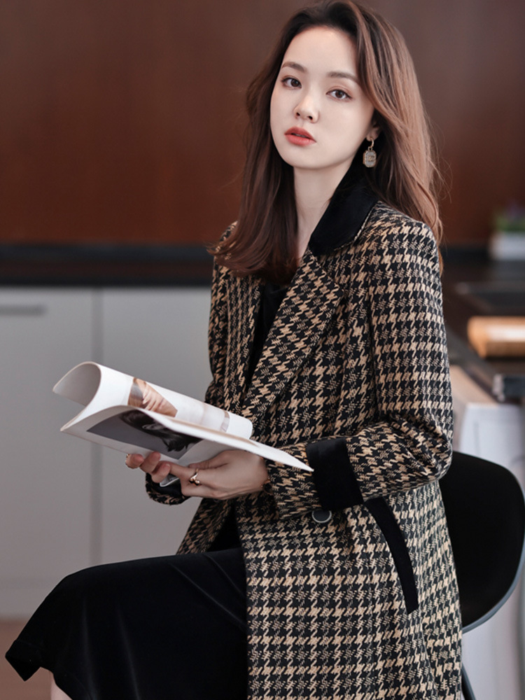 White Plaid Suit Jacket for Women Korean Style Slim Mid-Length Over-The-Knee Windbreaker Jacket for Women Autumn and Winter Business Wear Coat