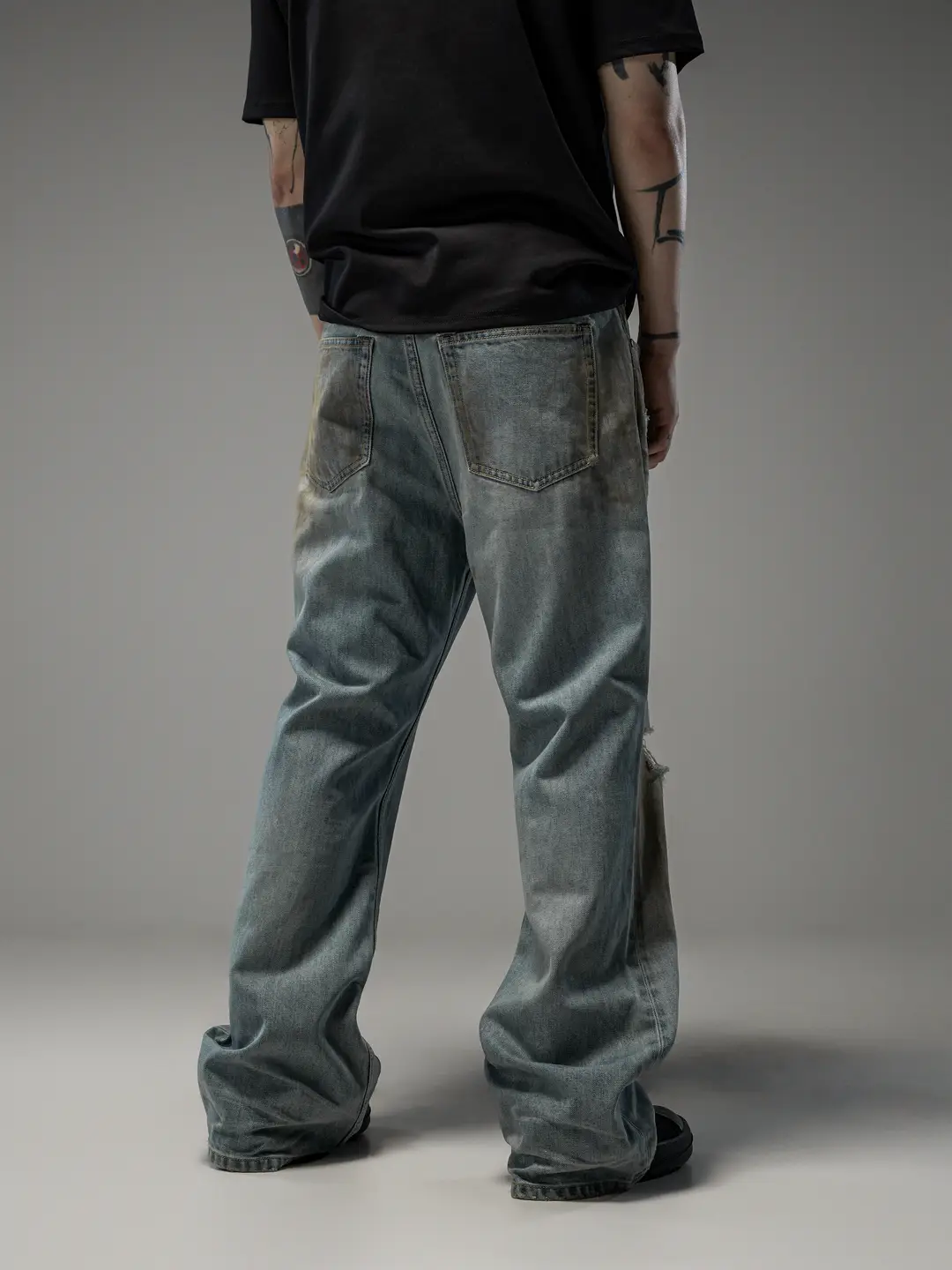 Eodup "Yellow Mud" Tawny Mud Washed, Destroyed, Dirty, Old, Stereo Crumpled Loose Straight-leg Denim