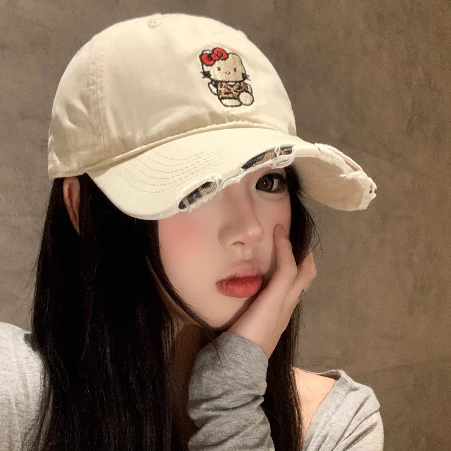 Cute Embroidered Kitty Cat Baseball Cap for Women 2026, Large Head Circumference, Wide Brim, Face-Slimming, Distressed Duckbill Hat