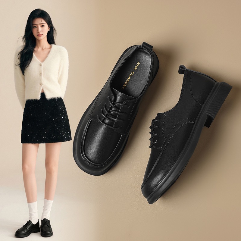 [First-Layer Cowhide] Zhr Genuine Leather Lace-Up British-Style Women's Shoes for Autumn, Jk Shoes, Small Leather Shoes, Black Leather Shoes for Women