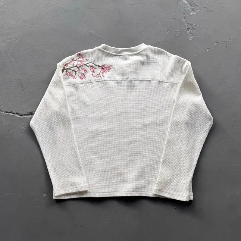 Derschutz Cross-Border American-Style Embroidered Cherry Blossom Waffle Long-Sleeve T-Shirt Base Layer Round Neck Loose Top for Men