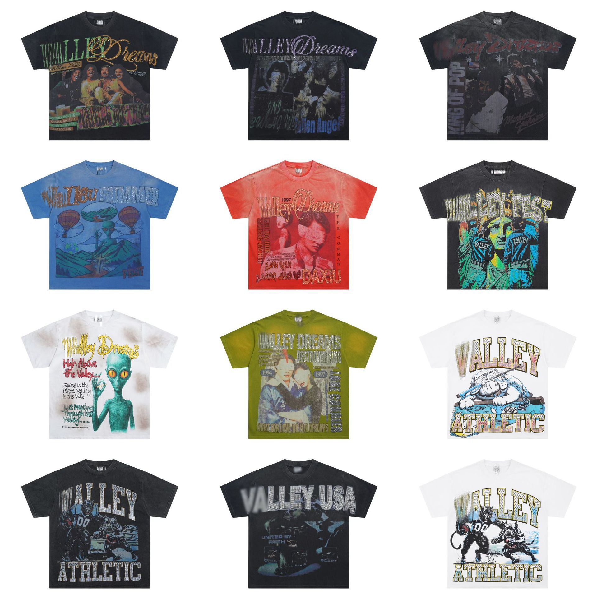 25Ss Summer New High-Quality Val Trendy High Street Washed Distressed Street Direct Spray Rhinestone Short-Sleeve Unisex T-Shirt