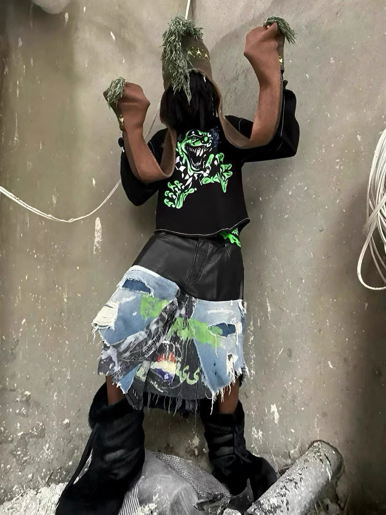 opium YVL 风格 denim华夫格绿色小丑长袖boxyT恤younglord