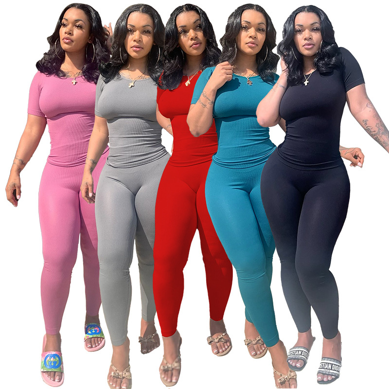 K9884 Cross-border Explosions in stock Amazon European and American plus size Sports Two-piece Pit High Elastic Solid Color suit Women