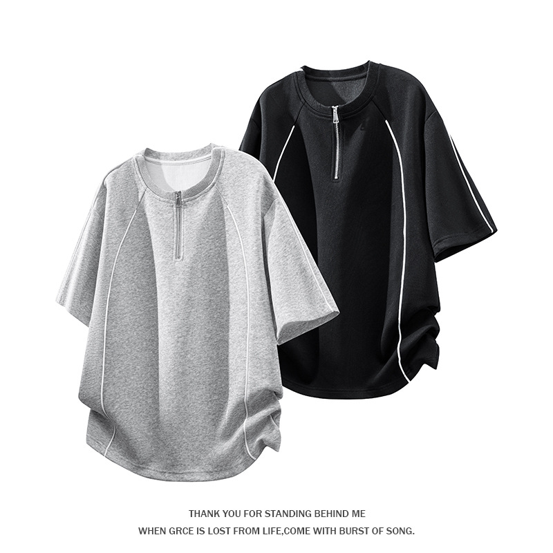 American High Street Style Half-Zip Short-Sleeve T-Shirt for Men, 2026 Summer Niche Bad Boy Trendy Brand Half-Sleeve Tee for Men