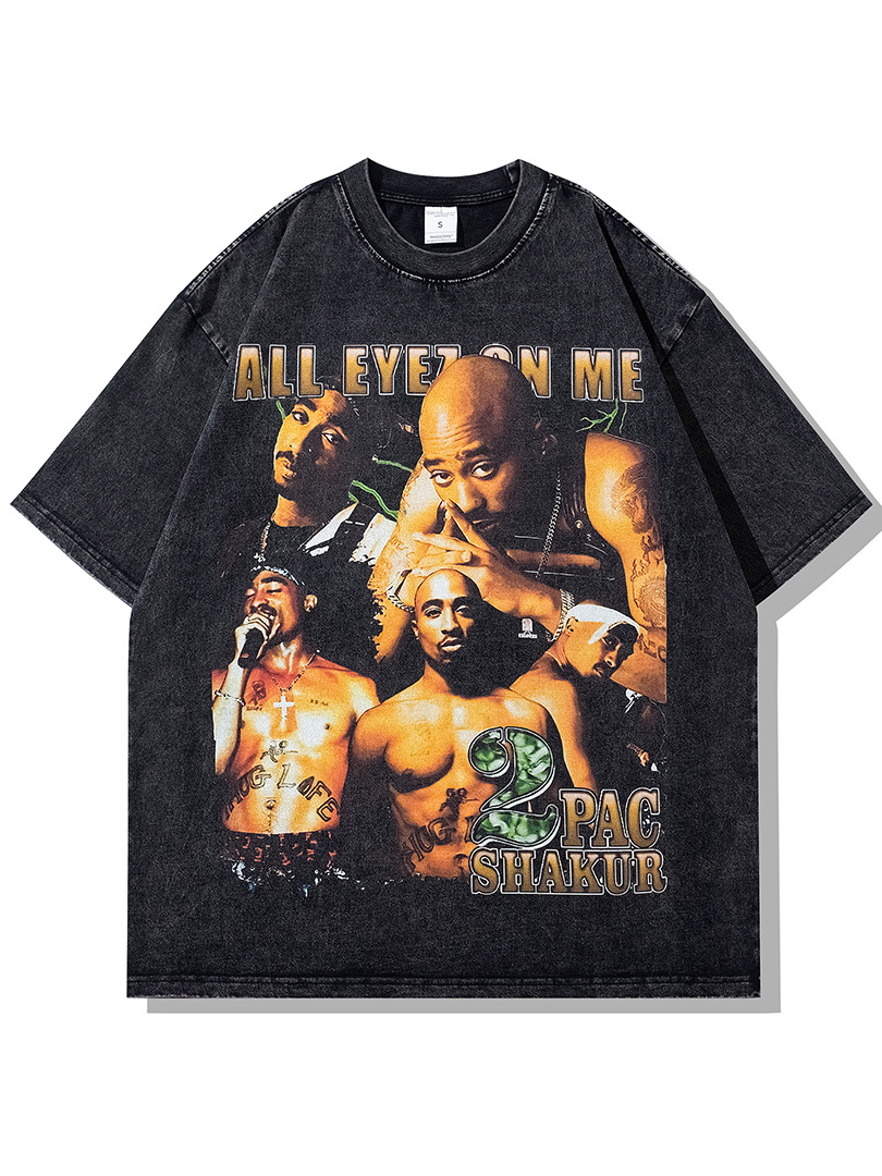 23 Spring New 2pac Rap Print Short-sleeved T-shirt Heavy American Vintage Washed Old Tops Men's Wear