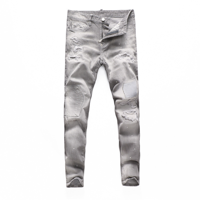 European and American Street Fashionable Men's Jeans Old Grey Washed Ripped Cloth Patch Fashionable Brand Slim-fit Skinny Pants for Men QC-foto från 1688 på Qualit.ly