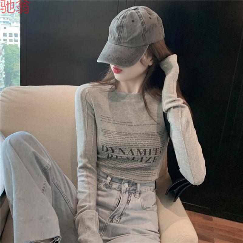 W9Q2023 Autumn and Winter New Hong Kong Style Fashionable All-match Slim-fit Slimming Sanding Printed T-shirt Base Shirt Top for Women in