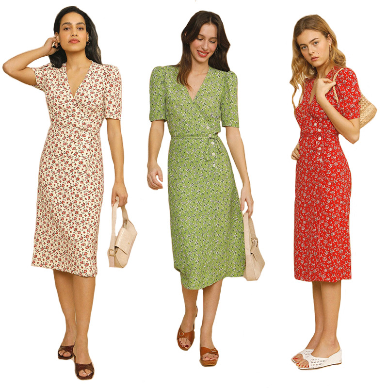 Floral Tea Break Dress, New Summer Style, One-Piece Wrap Chest Side-Button Belted Slit Dress, Floral Light Luxury Style