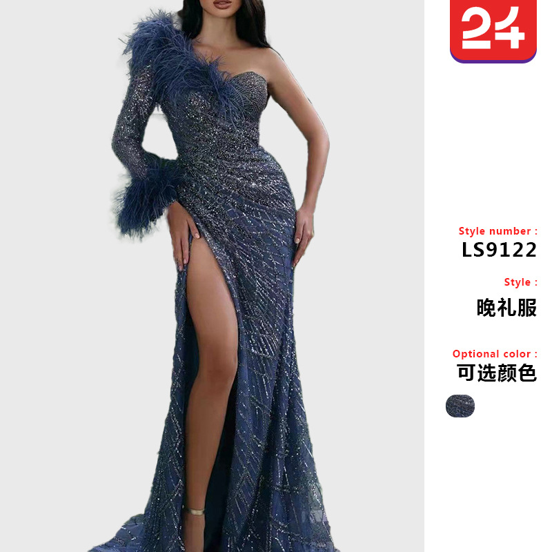 2025 Cross-Border Spring and Summer New European and American Evening Dress Sequined Slit Sexy Prom Floor-Length Dress Long Skirt