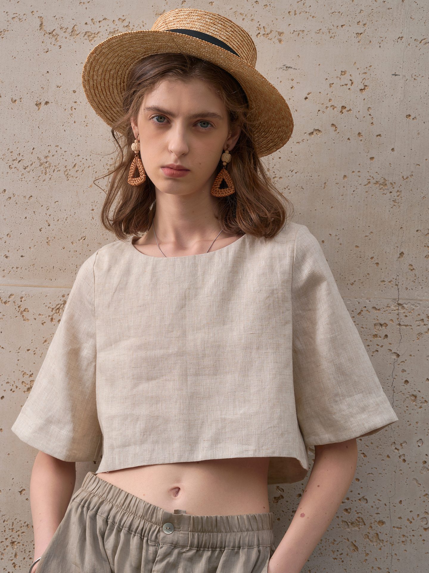 High-End Pure Linen T-Shirt for Women, Loose Round Neck, Mid-Sleeve, Summer European and American Crop Top, French Commuter Short-Sleeved T-Shirt