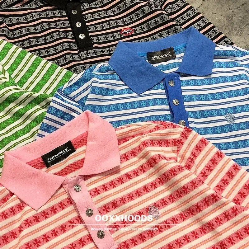 Attention to Detail, Navy Cross Logo, Horizontal Stripes, Elegant and Youthful, Loose-Fitting Drop Shoulder Polo Long-Sleeve T-Shirt
