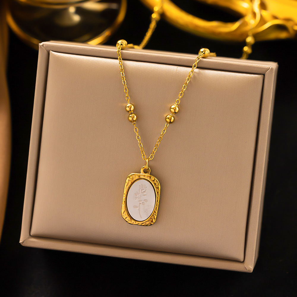 European and American Cross-border New Style Magic Mirror Rose Necklace Retro Embossed Square Brand Ballad Chain Titanium Steel Golden Clavicle Chain for Women