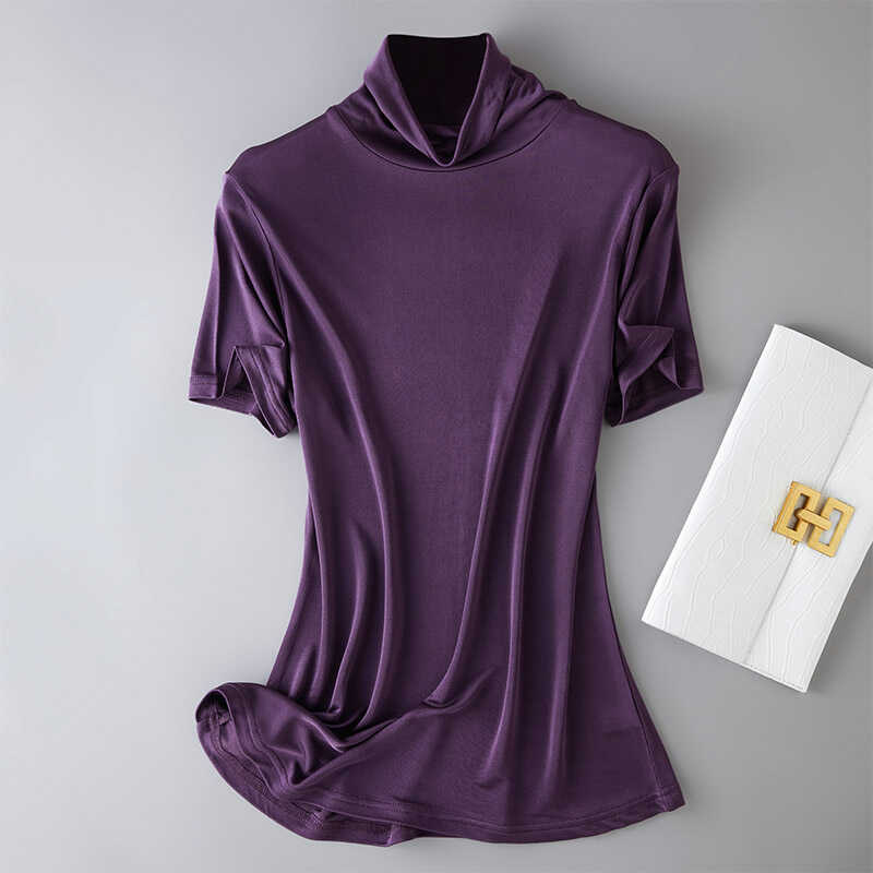 High-grade Heavy Knitted Silk High-neck Short-sleeved T-shirt Women's Silk Elegant Slim-fit Slim-fit Inner Base Shirt