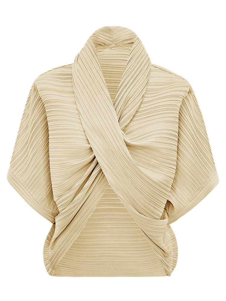 2026 Spring New Style Personalized Korean Style Slim Fit Top Pure Color Bat Sleeve Scarf Collar Pleated Women's T-Shirt