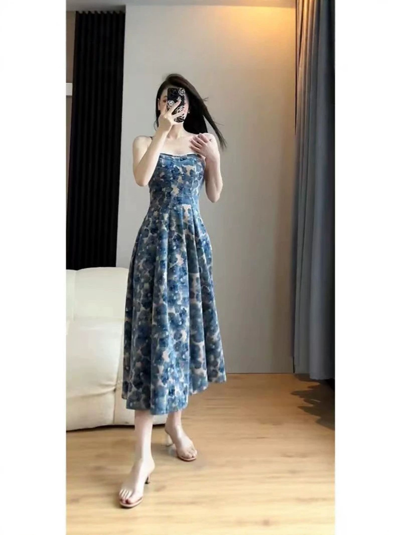 Sanya Vacation Strap Dress for Women 2026 Summer Fashion Mid-Length Dress American Style Lazy Casual Floral Dress