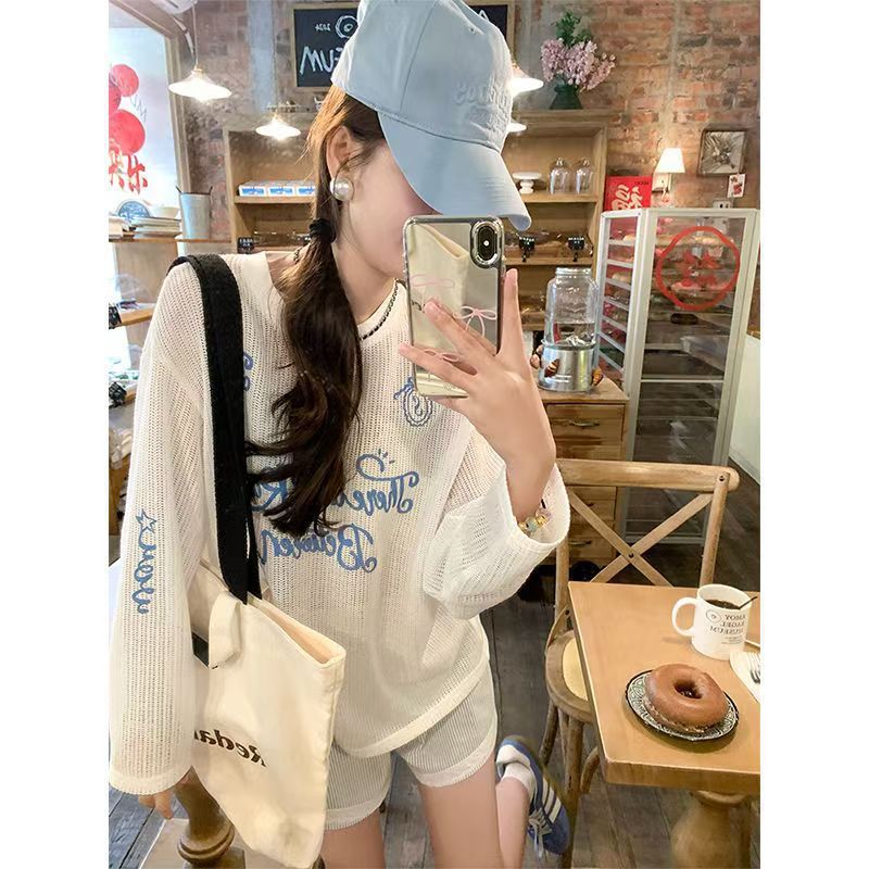 Trendy American-Style Hollow Knit T-Shirt for Women, Summer New Blue Letter Print Sun Protection