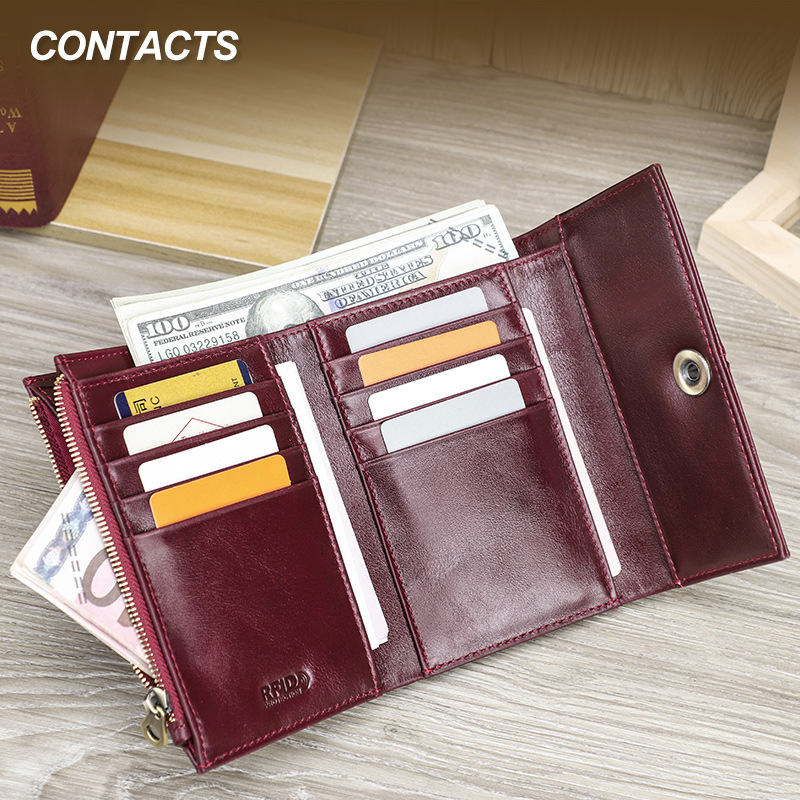 Black Angel Top Layer Cowhide RFID Anti-Magnetic Tri-Fold Women's Wallet Multifunctional Multi-Card Holder Leather Women's Wallet