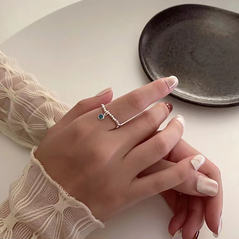 Spring and Summer New Blue Crystal Beaded Ring Stretch Ring Fashionable Personalized Simple Finger Ring All-match Stacked Finger Ring
