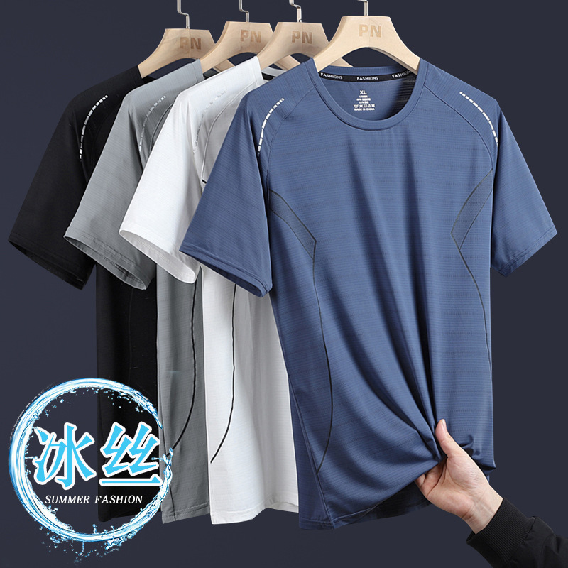 Thin Ice Silk short sleeve T-shirt men's summer breathable sports fitness training quick-drying half sleeve middle-aged dad summer wear