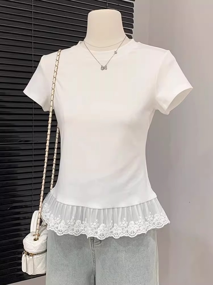 Sweet Spice Girl Lace Short-sleeved T-shirt Women's 2025 Summer New Pure Desire Inner Stacked Base-on Shirt Top