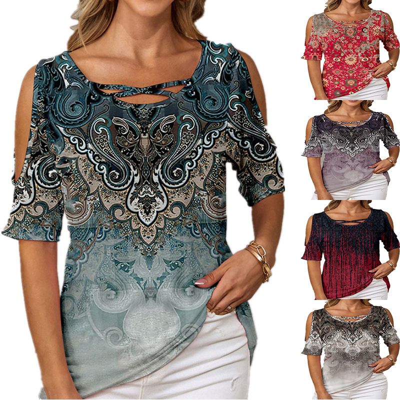 Spring and Summer 2023 New Cross-border Amazon wish European and American Women's Fashion Ethnic Printed Off-shoulder Short-sleeved T-shirt for Women