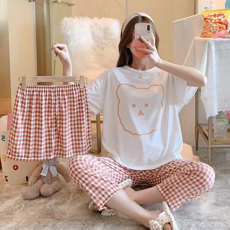 Three-Piece Set of High-End Pajamas for Women, Summer 2025 New Short-Sleeve Ins Internet Celebrity Loungewear, Summer Cartoon Style