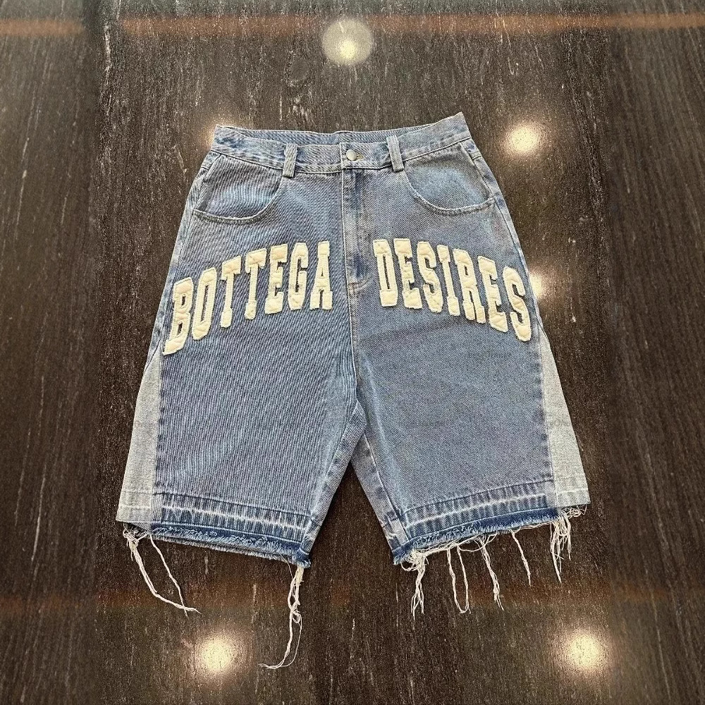 Y2K Cross-Border American Retro Jeans Street Hip-Hop Letter Embroider Bone Casual Pants Loose Denim Shorts