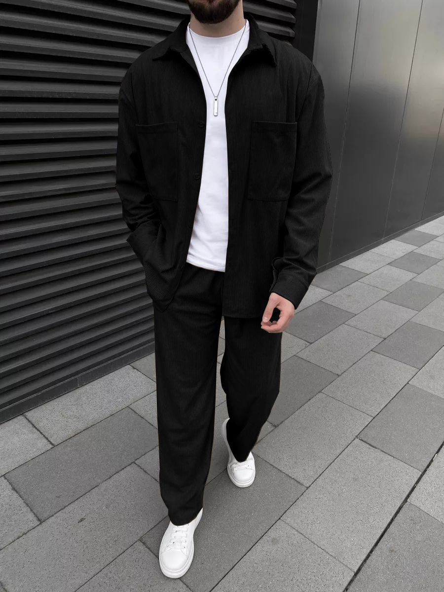 Cross-border 2025 spring European and American men's daily leisure corduroy trousers long sleeve lapel shirt suit