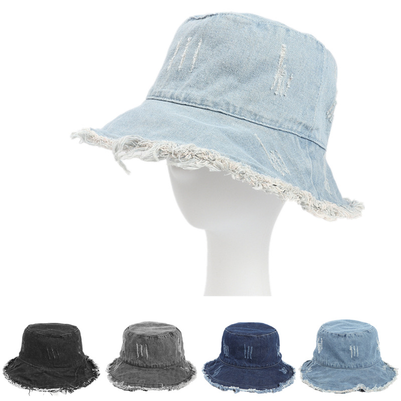 Hat Women's Summer Retro Washed Denim Fisherman Hat Japanese Style Style Raw Edge Worn Sunscreen Basin Hat Korean Style Big Brim Hat