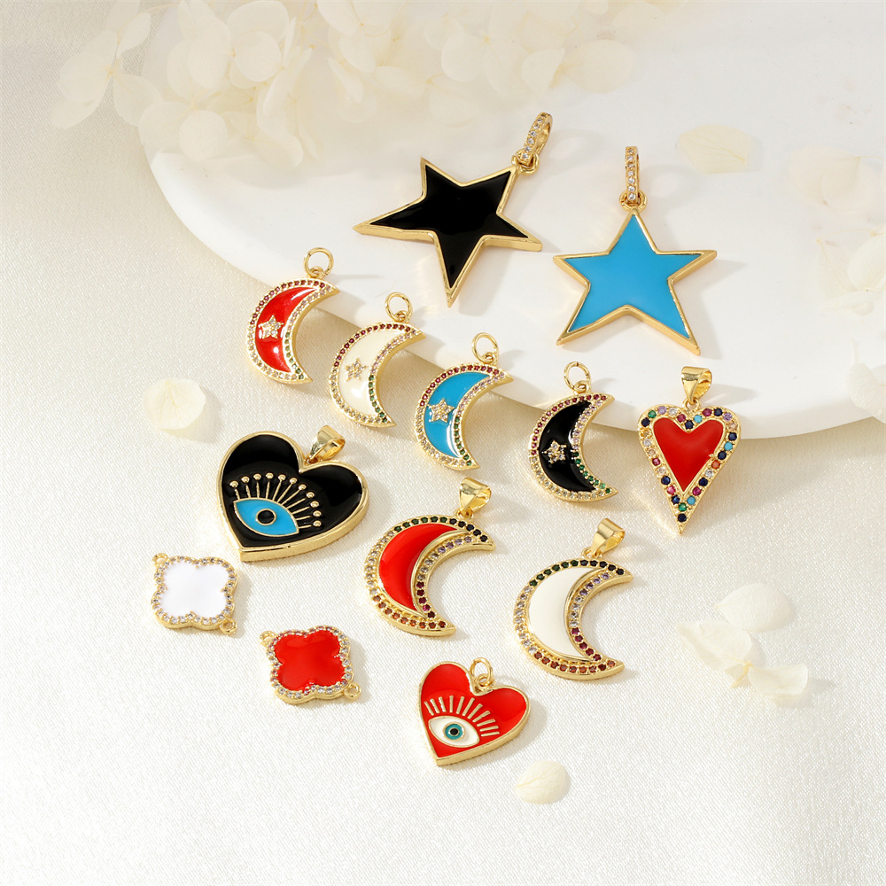 high quality Oil Drop Pendant Moon Heart-shaped Five-pointed Star Devil's Eye Four-leaf Clover Micro-inlaid with Colorful Zircon Accessories