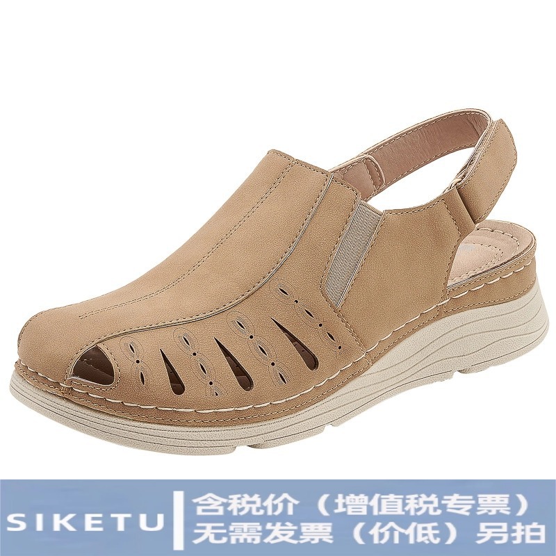 (Sold Out, No Restock) 328-2 New European and American Style Women's Wedge Sandals with Stitched Design, Lightweight, Velcro Closure, Closed Toe, and Cut-Out Design