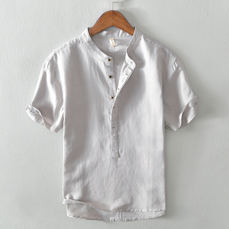 3306 national tide simple solid color short shirt men's casual cotton linen loose collar short sleeve shirt a generation of hair